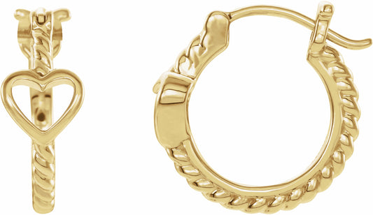 14K Yellow Pierced Heart Rope Hoop Earrings