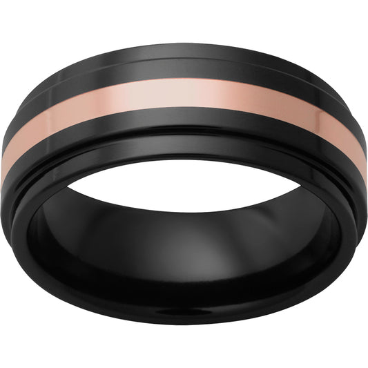 Black Diamond Ceramic Flat Band with Grooved Edges and a 2mm 14K Rose Gold Inlay
