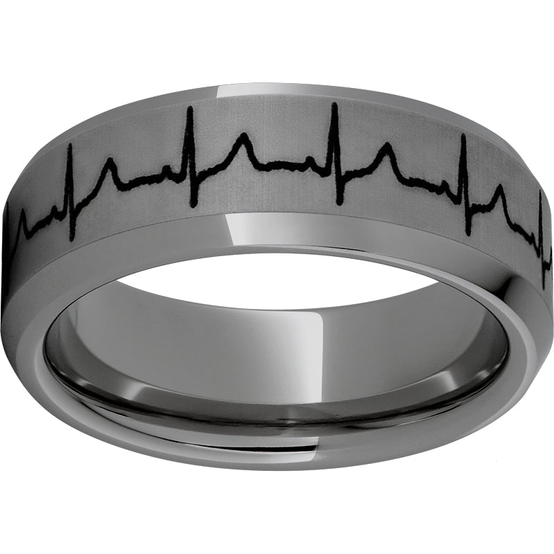 Rugged Tungsten  8mm Beveled Edge Band with Heartbeat Laser Engraving