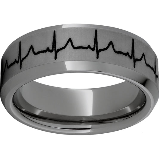 Rugged Tungsten  8mm Beveled Edge Band with Heartbeat Laser Engraving