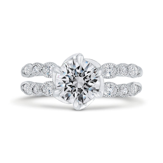 Shah Luxury 14K White Gold Bezel Set Round Diamond Split Shank Engagement Ring with Milgrain (Semi-Mount)