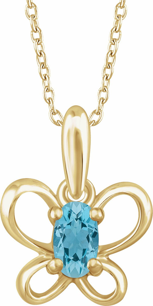 14K Yellow 4x3 mm Oval March Youth Butterfly Birthstone 15 Necklace