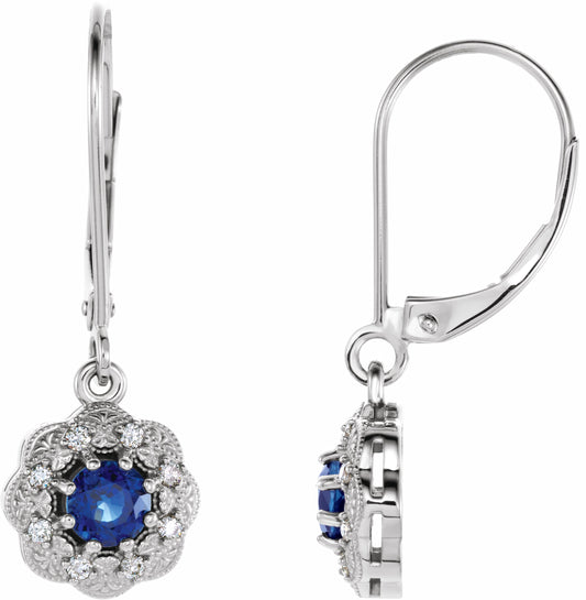 14K White Blue Sapphire & 1/10 CTW Diamond Halo-Style Earrings