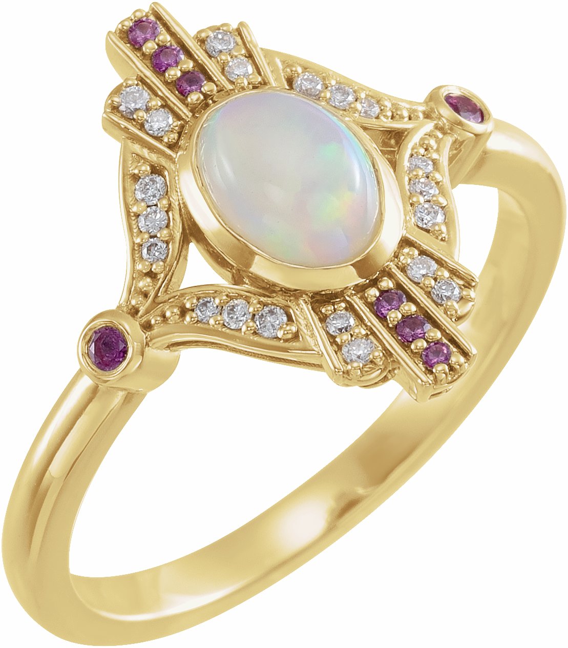 14K Yellow Cabochon Ethiopian Opal, Pink Sapphire & .06 CTW Diamond Ring