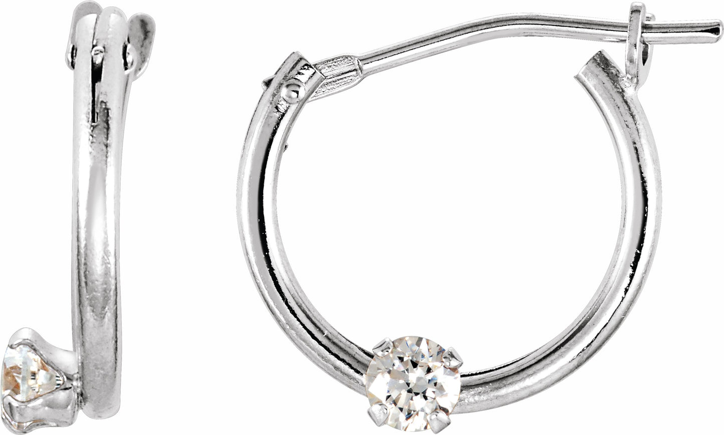 14K White 2.5 mm Round Cubic Zirconia Youth Hinged Hoop Earrings
