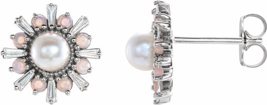 14K White Akoya Pearl, White Opal & 1/6 CTW Diamond Earrings