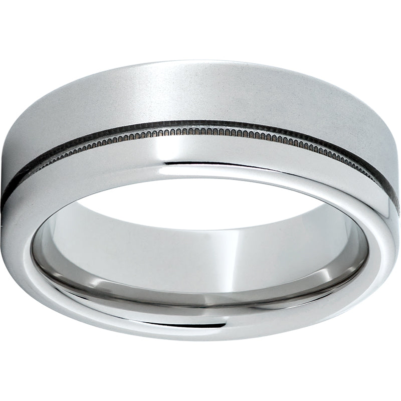 Serinium Pipe Cut Band with 1mm Off-Center Milgrain Groove, and Laser Satin Finish on Wide Edge