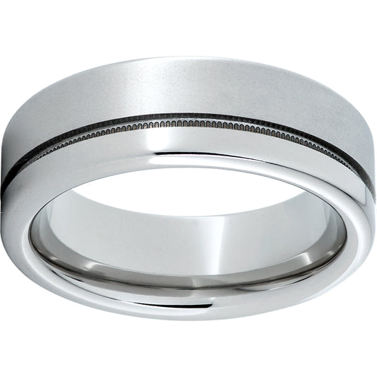 Serinium Pipe Cut Band with 1mm Off-Center Milgrain Groove, and Laser Satin Finish on Wide Edge
