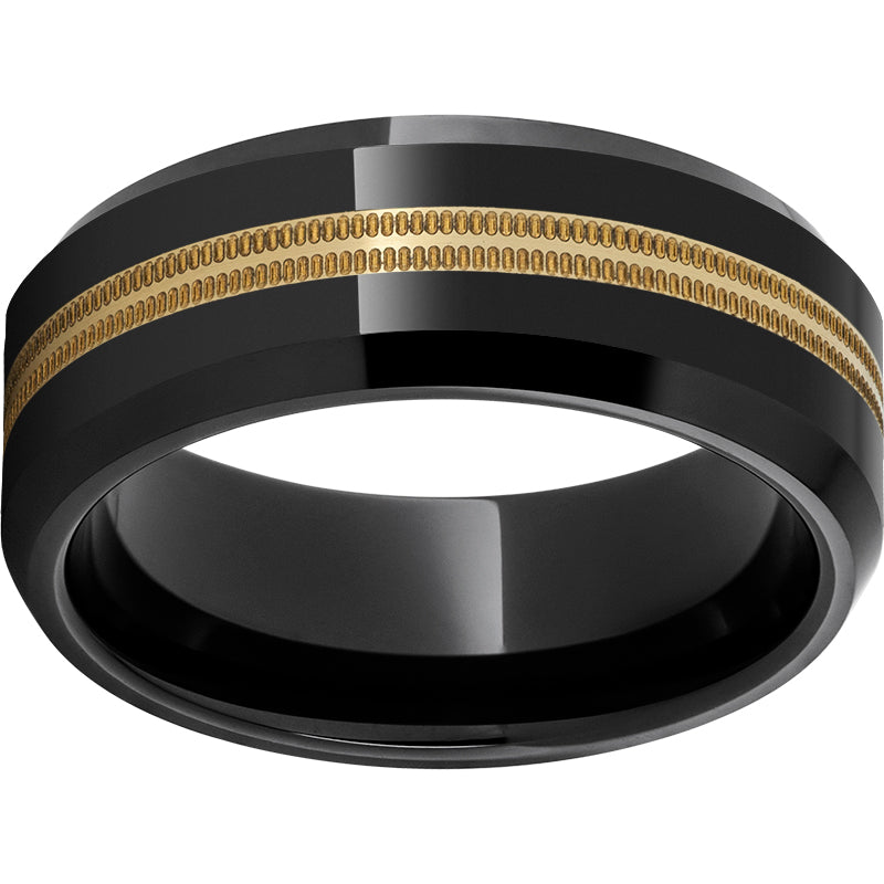 Black Diamond Ceramic Beveled Edge Band with One 2mm 18K Yellow Gold Milgrain Inlay