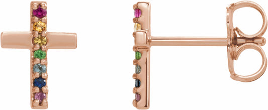 14K Rose Multi-Gemstone Cross Earrings