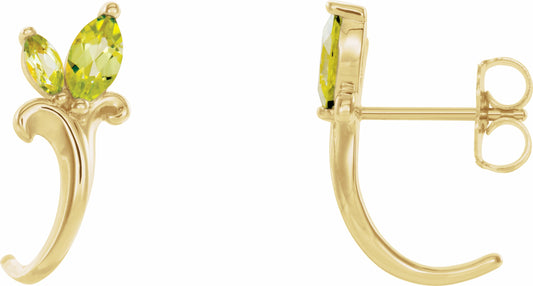14K Yellow Peridot Floral-Inspired J-Hoop Earrings
