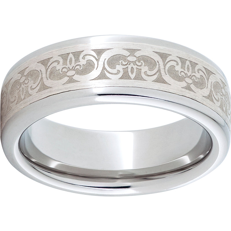 Serinium Pipe Cut Band with a 5mm Sterling Silver Inlay and Fleur De Lis Laser Engraving