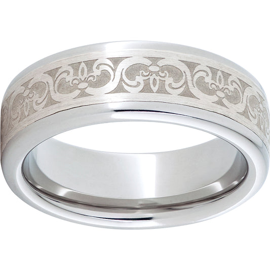 Serinium Pipe Cut Band with a 5mm Sterling Silver Inlay and Fleur De Lis Laser Engraving