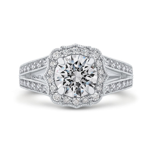 Shah Luxury 14K White Gold Round Cut Diamond Halo Engagement Ring with Split Shank (Semi-Mount)