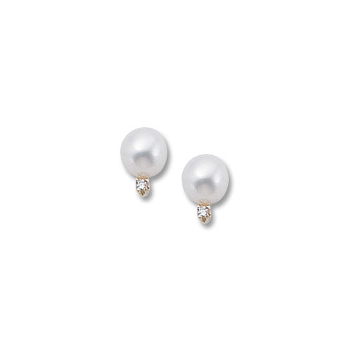 14K Yellow Gold 6mm Pearl With 0.01ct Diamond Earrings