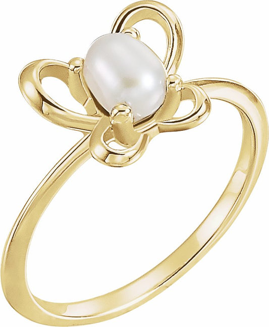 14K Yellow 4x3 mm Pearl June Youth Butterfly Birthstone Ring