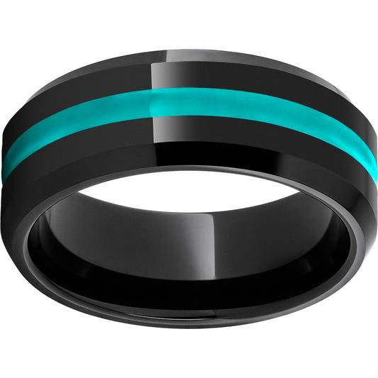 Black Diamond Ceramic Beveled Edge Band with Turquoise Enamel Inlay