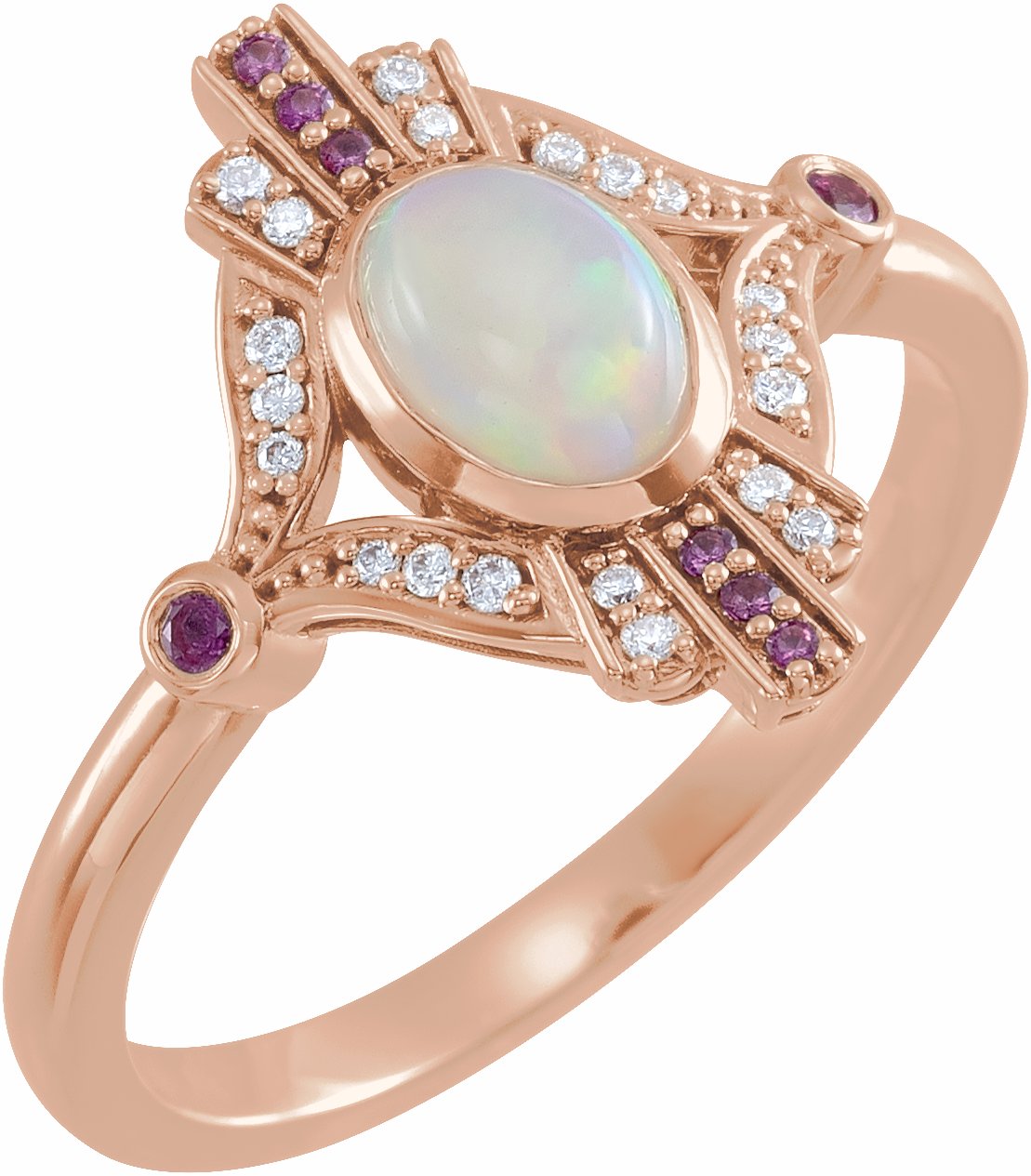 14K Rose Cabochon Ethiopian Opal, Pink Sapphire & .06 CTW Diamond Ring