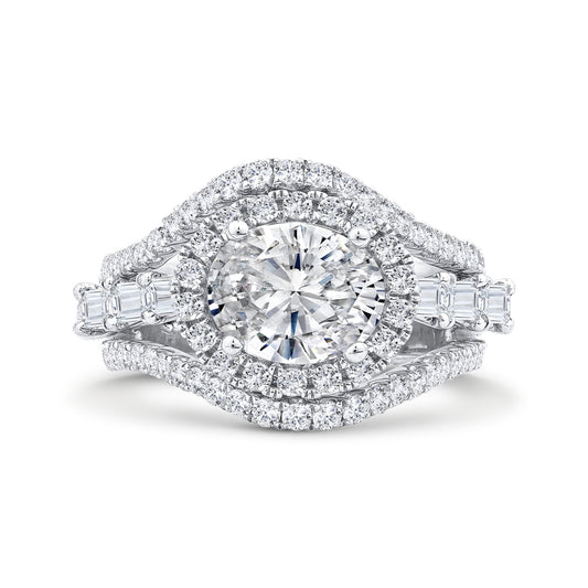 Shah Luxury 14K White Gold Oval Diamond Halo Engagement Ring with Split Shank (With Center)