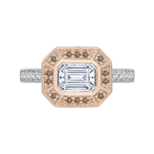 Shah Luxury 14K Two-Tone Gold Brown & White Emerald Diamond Halo Engagement Ring (Semi-Mount)