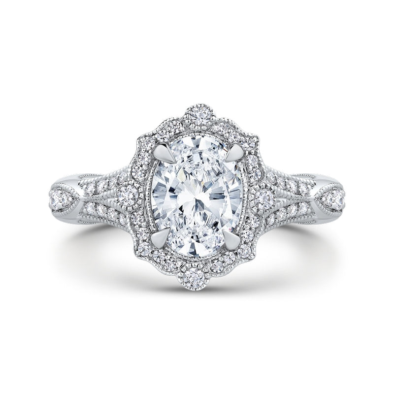 Shah Luxury Oval Diamond Halo Engagement Ring In 14K White Gold with Split Shank (Semi-Mount)