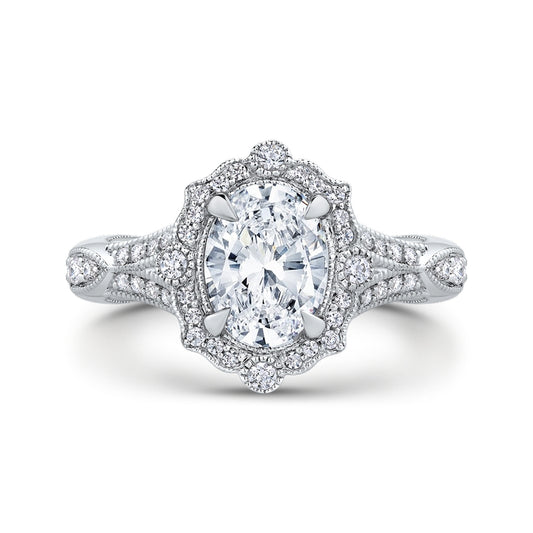 Shah Luxury Oval Diamond Halo Engagement Ring In 14K White Gold with Split Shank (Semi-Mount)