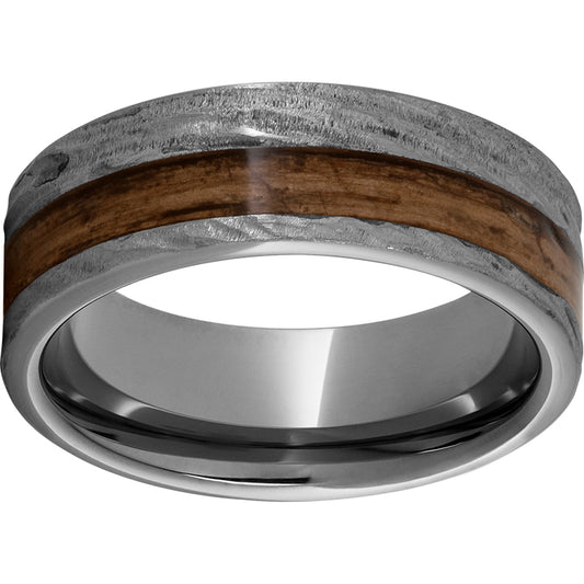 Rugged Tungsten  8mm Pipe Cut Band with Bourbon Barrel Aged Inlay and Bark Finish