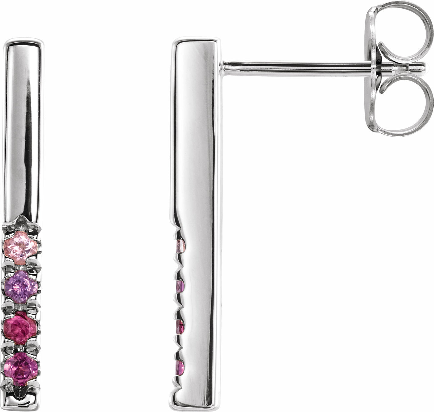 14K White Pink Multi-Gemstone French-Set Bar Earrings