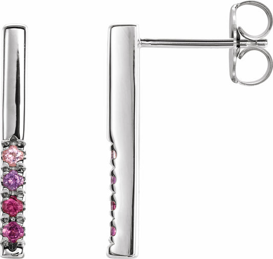 14K White Pink Multi-Gemstone French-Set Bar Earrings