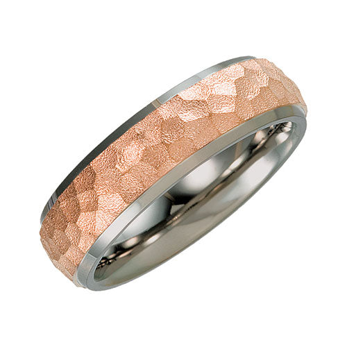 Stuller Titanium & Rose Immerse Plated 7mm Hammered Finish Beveled Edge Wedding Band Size 11