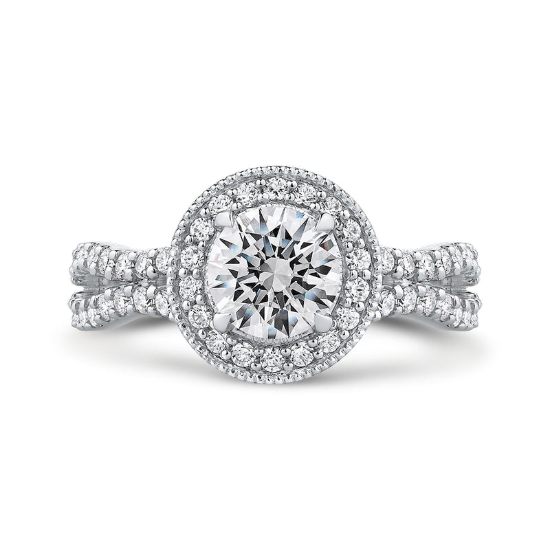 Shah Luxury 14K White Gold Round Diamond Halo Engagement Ring with Split Shank (Semi-Mount)
