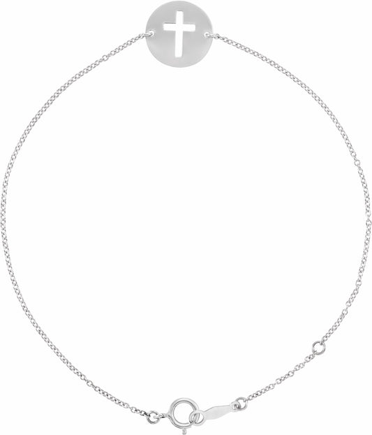 14K White Pierced Cross Disc 7-8 Bracelet