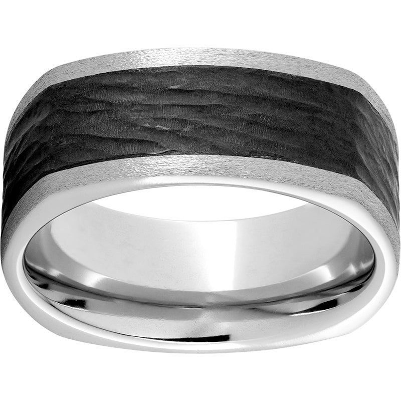 Serinium Square Band with Bark Finish Black CeramicInlay and Stone Finish Edges