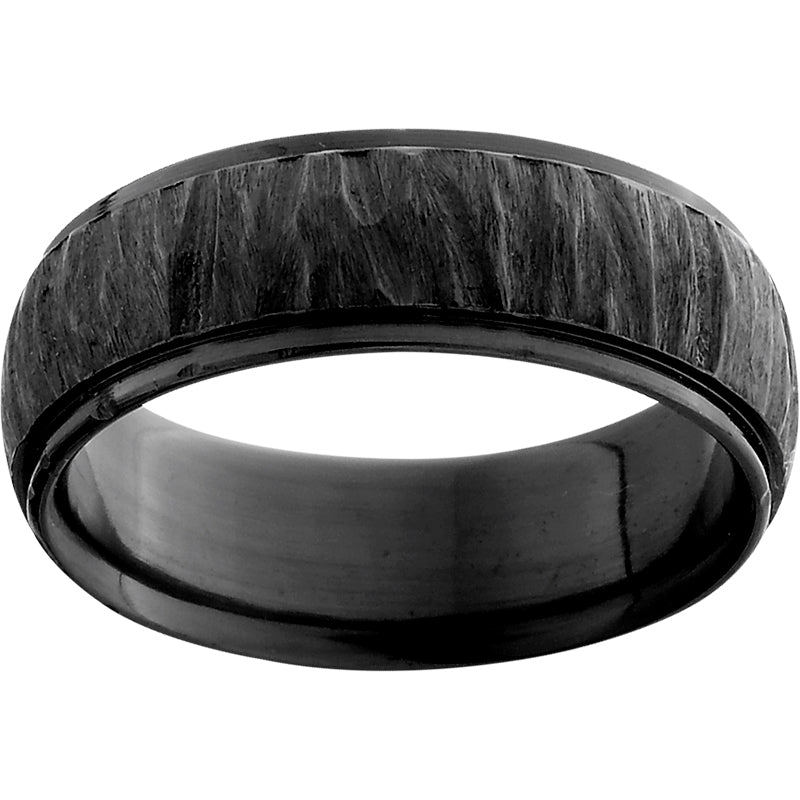Black Zirconium Domed Band with Grooved Edges and Black Bark Finish