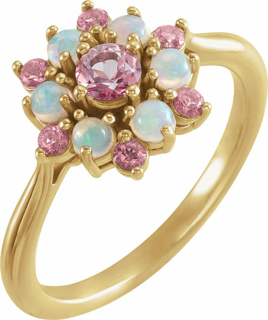 14K Yellow Pink Tourmaline & Ethiopian Opal Floral-Inspired Ring