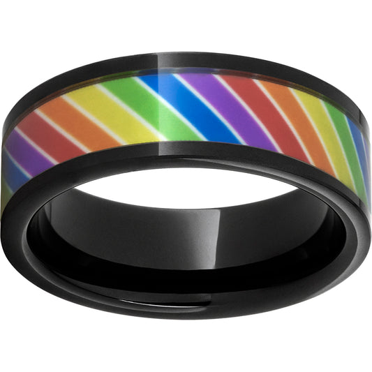 Black Diamond Ceramic Pipe Cut Band with Rainbow Inlay