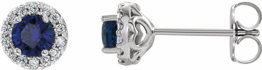 14K White 4 mm Round Blue Sapphire & 1/8 Diamond Earrings