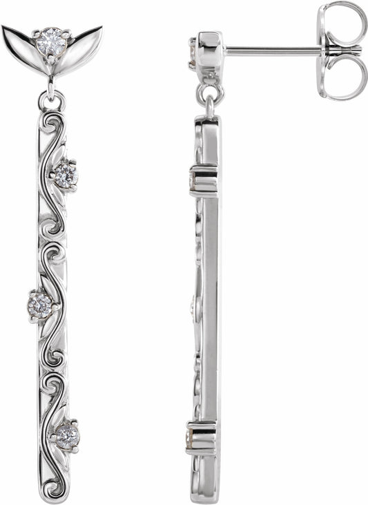 14K White 1/8 CTW Diamond Vintage-Inspired Dangle Earrings