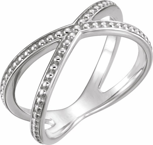 14K White Beaded Criss-Cross Ring