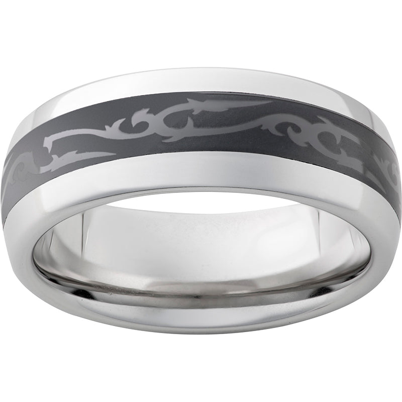 Serinium Domed Band with Black CeramicInlay and Scroll Laser Engraving