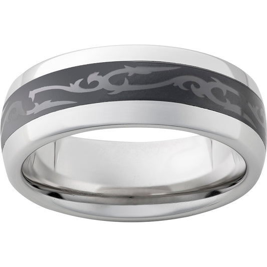 Serinium Domed Band with Black CeramicInlay and Scroll Laser Engraving