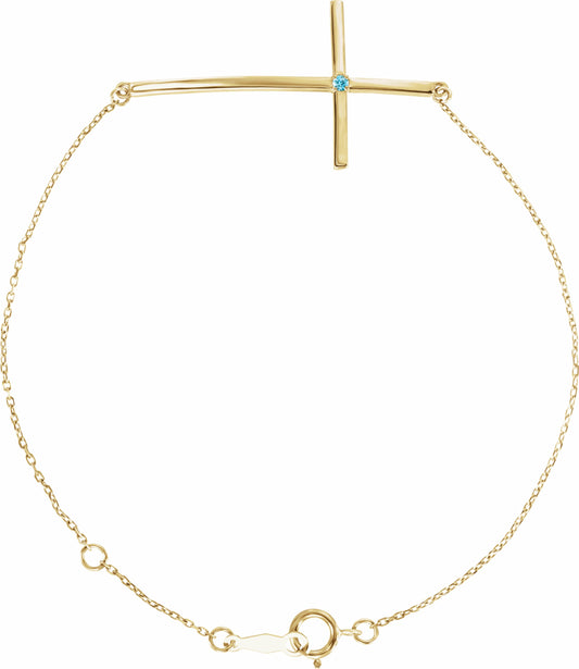 14K Yellow Blue Zircon Sideways Cross Bracelet