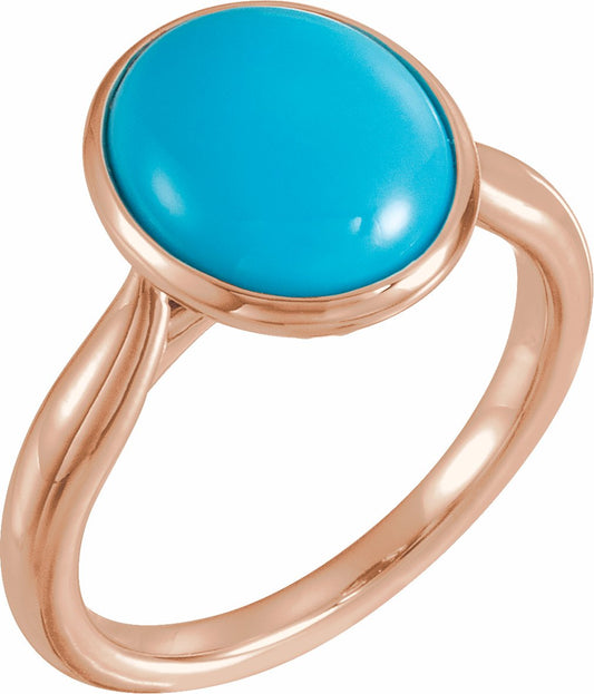 14K Rose 12x10 mm Oval Cabochon Turquoise Ring