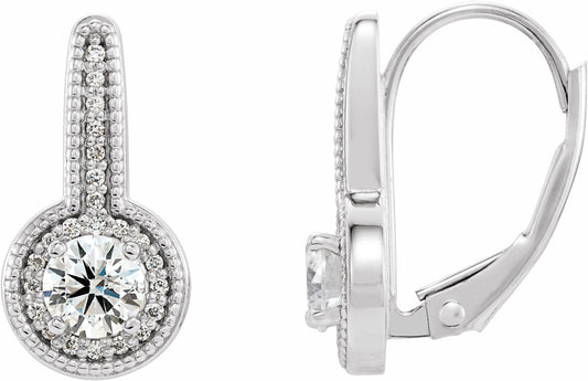 14K White 5/8 CTW Diamond Milgrain Halo-Style Dangle Earrings