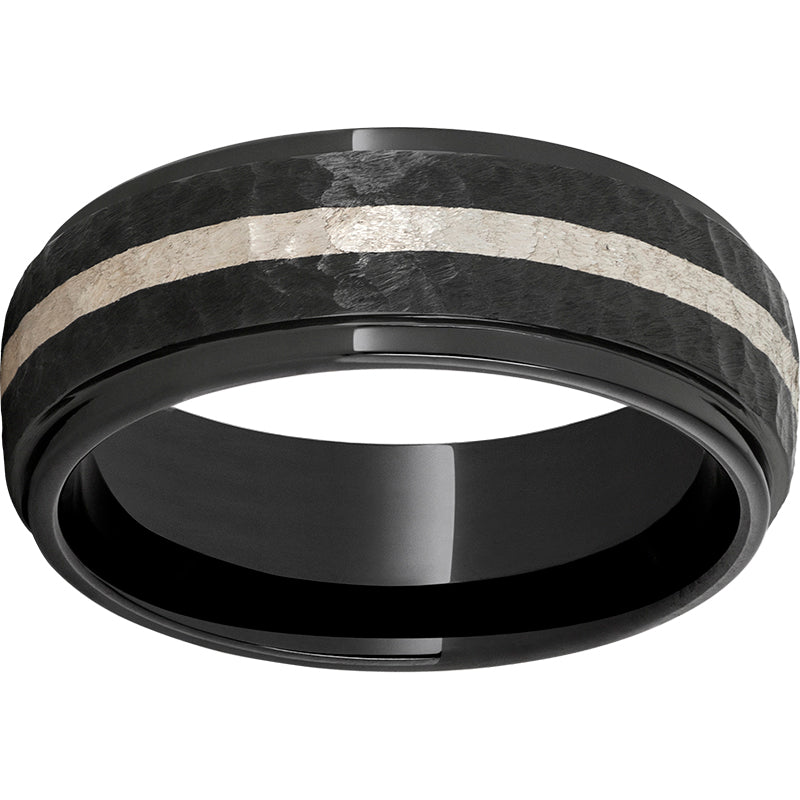 Black Diamond Ceramic Domed Grooved Edge Band with a 2mm Sterling Silver Inlay and Moon Finish