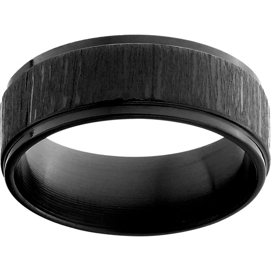 Black Zirconium Flat Band with Grooved Edges and Black Bark Finish