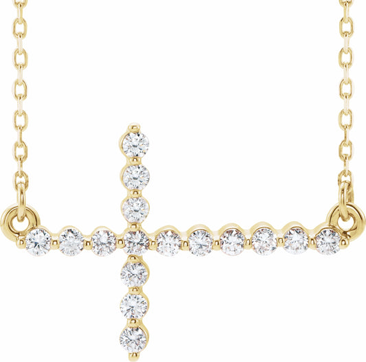 14K Yellow 1/4 CTW Diamond Sideways Cross 16-18 Necklace