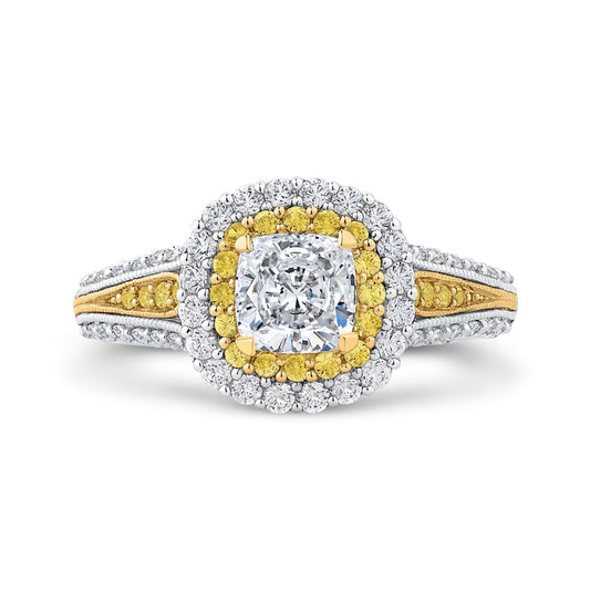 Shah Luxury 14K Two Tone Gold Cushion Cut Diamond Double Halo Engagement Ring with Split Shank (Semi-Mount)