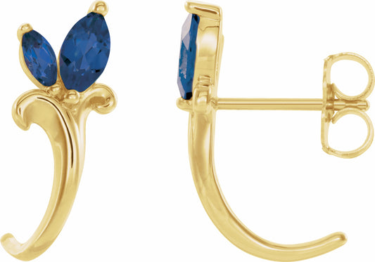 14K Yellow Blue Sapphire Floral-Inspired J-Hoop Earrings