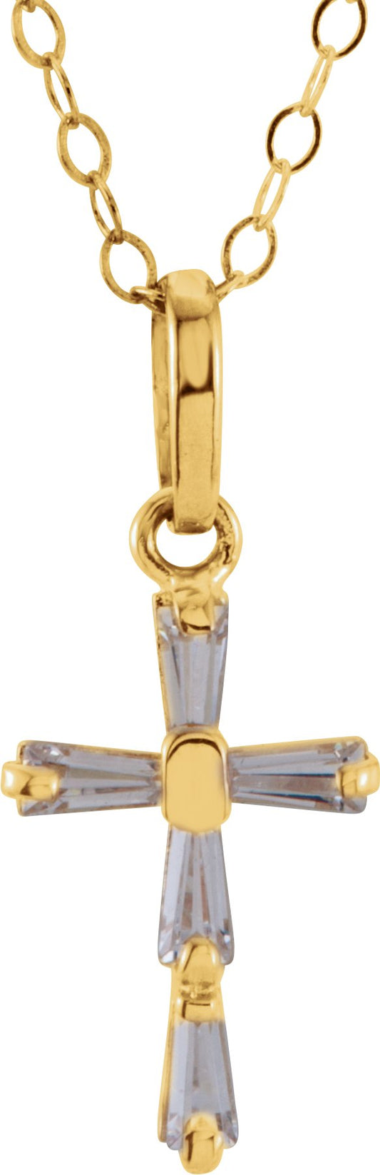 14K Yellow 3x1.5 mm Tapered Baguette Cubic Zirconia Youth Cross 15 Necklace